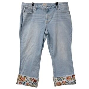 Driftwood Cropped Denim Jeans Floral Embroidered Cuff Frayed Hem Light Wash Blue